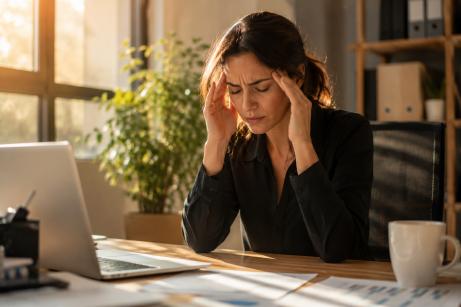 une femme qui masse ses temps pour soigner la migraine. Elle est seule dans un bureau.